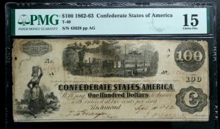 T - 40 1862 $100 Confederate Paper Money Pmg 15 Choice Fine Stained.  Civil War