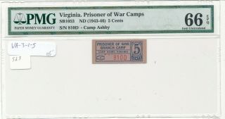 Usa Wwii Pow Camp Chits Va - 3 - 1 - 5 Camp Ashby,  Va 5 Cents Prisoner Of War Pmg 66