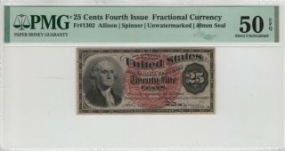 25 Cent Fourth Issue Postal Fractional Currency Note Fr.  1302 Pmg Au 50 Epq