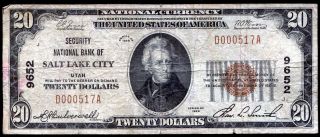1929 $20 Security Nb Of Salt Lake City,  Ut National Currency Ch.  9652