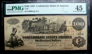 T - 39 1862 $100 Confederate Paper Money Pmg 45 Choice Ex Fine Csa