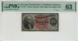 25 Cent Fourth Issue Postal Fractional Currency Note Fr.  1307 Pmg Choice Unc 63