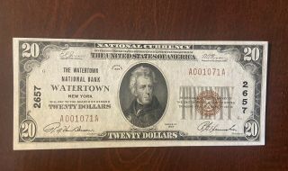 $20 1929 Watertown York Ny National Currency Bank Note Bill