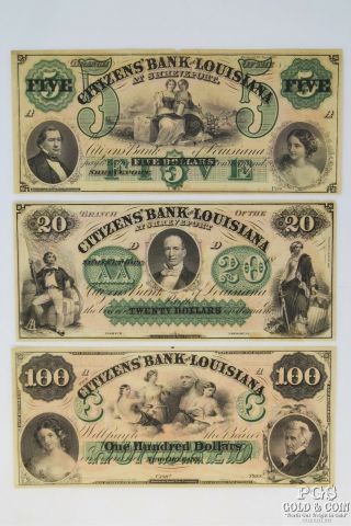 1800s $100 $20 $5 Citizens Bank Of Louisiana At Shreveport Remainder Notes 20668