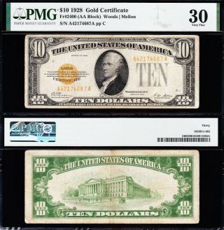 Awesome Crisp Choice Vf,  1928 $10 Gold Certificate Pmg 30 74687a