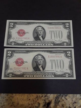 1928 - G $2 Red Seal Legal Tender Us Notes 2 Consecutive Uncirculated Notes