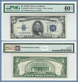 1934d Star Wide $5 Silver Certificate Pmg 40 Epq Extremely Fine Xf Five Dollars