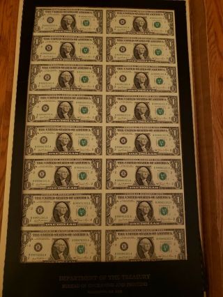 1981 Uncut Sheet Of 16 Us $1 Dollar Bills