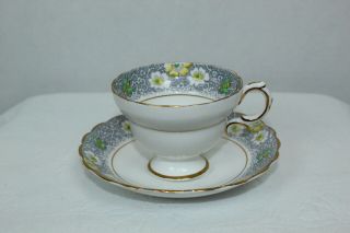 Vintage Rosina England Porcelain Cup And Saucer - Yellow Floral On Grey