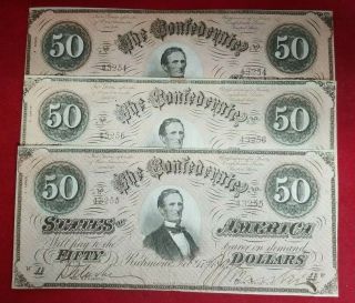 1864 $50 Confederate States Of America Consecutive Run (3) Notes Torn