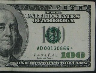 1996 $100 (one Hundred Dollars) – Star Note – Bill – “ad” - Low Run,  160k Sheets