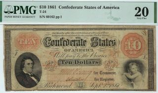 1861 T - 24 $10 Confederate States Of America Pmg 20 Very Fine