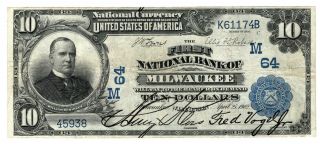 1902 Db $10 First National Bank Of Milwaukee,  Wi Charter 64 - F/vf