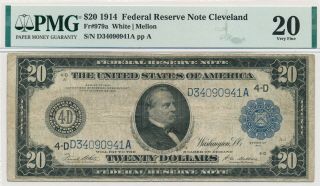Usa 20 Dollars 1914 Federal Reserve Fr 979a Large S/n D34090941a Ppa - Pmg Vf 20