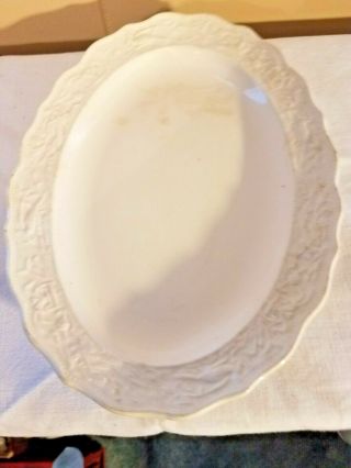 Platter Small Oval Embossed Scalloped Edges Old Vintage White Crazing Stains