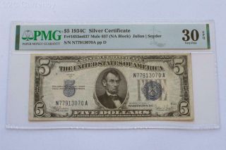 Mule Back Plate 637 1934c $5 Silver Certificate - Pmg Very Fine Vf 30epq C2c