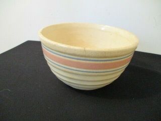 Vintage Stoneware Yellow Ware Pottery Mixing Bowl Pink Blue Stripes