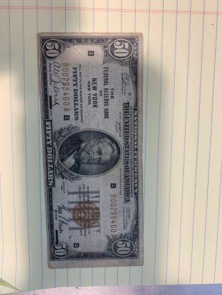 1929 $50 National Currency Note Federal Reserve Bank York
