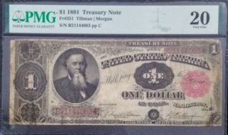 1891 $1 one dollar Treasury Coin note - Stanton FR 351 PMG 20 3