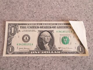 $1 Us Dollar Bill 34185101 Cut With Extra Paper Attached,  Error 2017/mnuchin