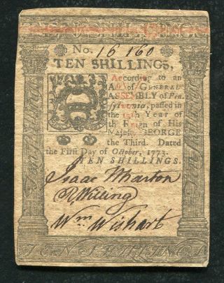 Pa - 167 October 1,  1773 10s Ten Shillings Pennsylvania Colonial Currency Note (b)
