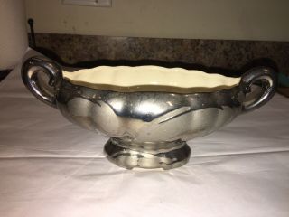 Vintage Mccoy? Pottery Silver Porcelain Fluted Double Handle Planter Vase Euc