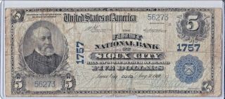 National Currency Series 1902 $5 Plain Back Ch 1757 Fnb Sioux City Iowa Us Note