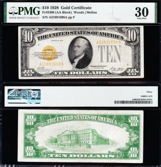 Awesome Crisp Choice Vf,  1928 $10 Gold Certificate Pmg 30 91698a