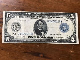 1914 United States Federal Reserve Note $5,  7 - G Blue Seal Large Format Currency