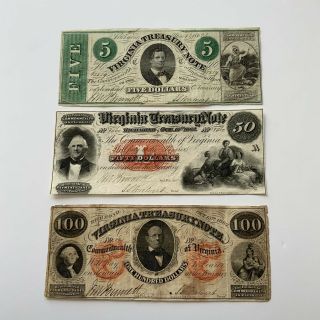 1862 Virginia 3 Note Set Obsolete Currency Virginia Treasury Notes Richmond