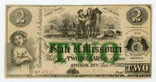 1862 Cr.  10 $2 The State Of Missouri Note - Civil War Era
