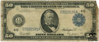 1914 United States Cleveland,  Ohio $50 Blue Seal Federal Reserve Vg Large Note