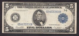 Us 1914 $5 Frn Chicago District Type Ii Fr 871b Vf (- 300)