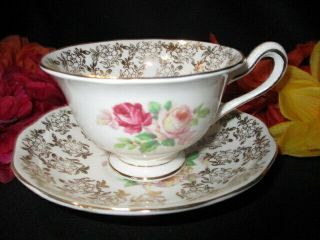 Cup Saucer Royal Albert Footed Gold Chintz Huge Cranberry & Pink Cabbage Roses