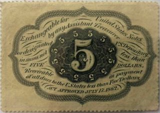 U.  S.  FRACTIONAL CURRENCY 5 CENTS FIRST ISSUE PERFORATED AU 3