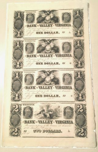 1840 Winchester Virginia Bank Of The Valley 4 Notes Uncut