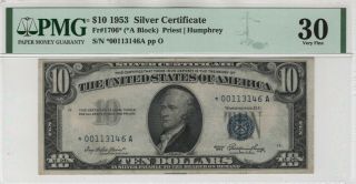 1953 $10 Silver Certificate Star Note Fr.  1706 A Block Pmg Cert Very Fine 30