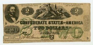 1862 T - 43 $2 The Confederate States Of America Note - Civil War Era