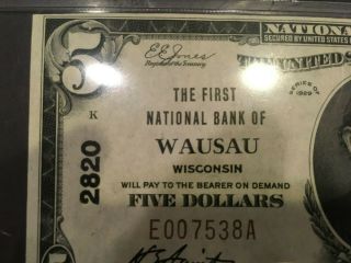 Usa 5 Dollars National 1929 - - Wausau,  Wisconsin - - Pmg Graded Unc 63
