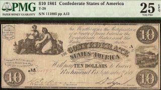 1861 $10 Dollar Bill Confederate States Currency Civil War Note T - 28 Pmg 25 Epq