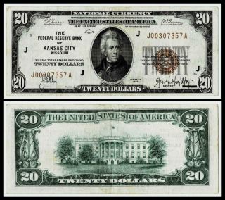 1929 $20 Federal Reserve Bank Note Kansas City,  Missouri Very Fine