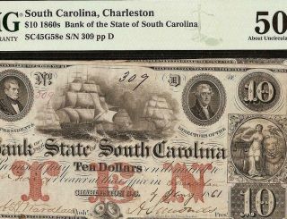 1861 $10 Dollar Bill South Carolina Bank Note Large Currency Paper Money Pmg 50