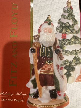 Fitz & Floyd Holiday Tidings Salt & Pepper Shakers Santa & Christmas Tree Nib 1