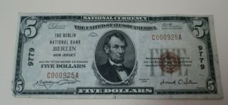 1929 $5 Berlin National Bank Berlin Nj National Currency Note