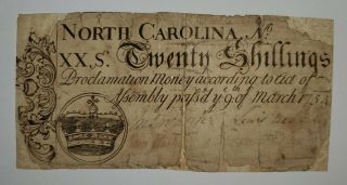1754 Province Of North Carolina 20 Shillings Note