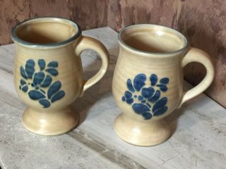 2 Vintage Pfaltzgraff Folk Art Pedestal Coffee Cups / Mugs Tan With Blue Accents