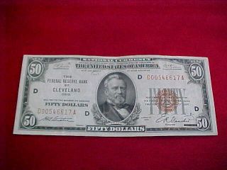 1224a) 1929 $50.  00 Cleveland Ohio National Bank Note - Starts At $100.  00/obo