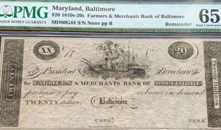 1810’s - 20’s $20 Farmers & Merchants Bank Baltimore,  Md Pmg Gem U 65 Epq
