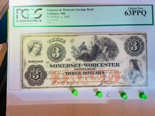 1863 Pcg 63 Ppq Choice $3 Somerset Worchester Bank Salisbury Md