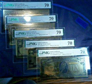 (5) 1928 Gold Certificates - $500,  $100,  $50,  $20,  $10 - 24k Gold Plated - Pmg 70